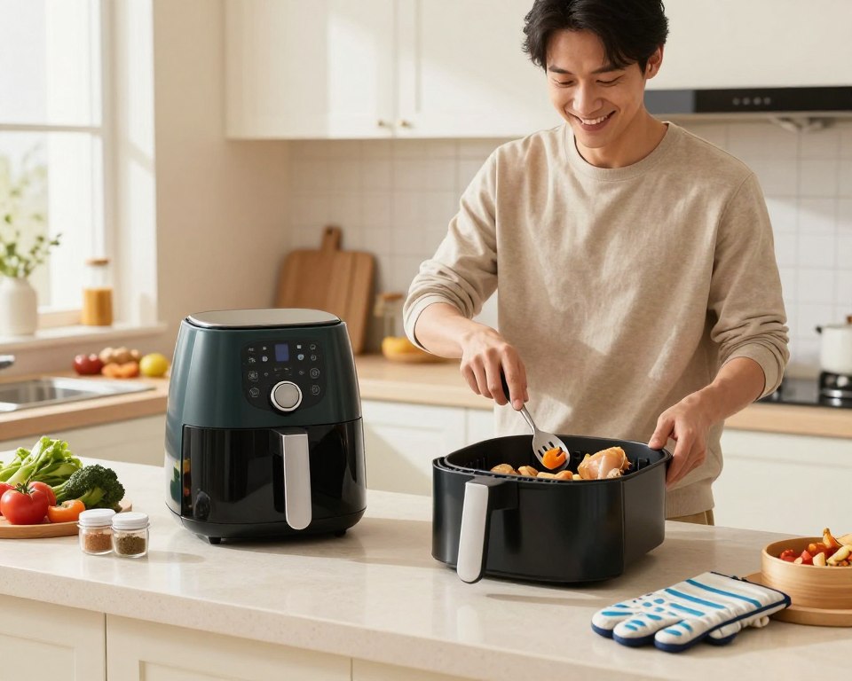 A well-lit kitchen scene showcasing best practices for using air fryers daily. In the foreground, a modern air fryer sits on a countertop next to neatly organized ingredients like vegetables, chicken, and spices. A set of safety tools, such as heat-resistant gloves and a timer, should be visible. In the middle ground, a friendly individual in modest casual clothing is demonstrating safe techniques, like arranging food in the fryer basket and using utensils correctly. The background features clean kitchen cabinetry and subtle decorative elements that evoke a warm, inviting atmosphere. Soft, natural light floods the space from a nearby window, creating a cozy yet professional mood, suitable for showcasing daily usage and safety tips.