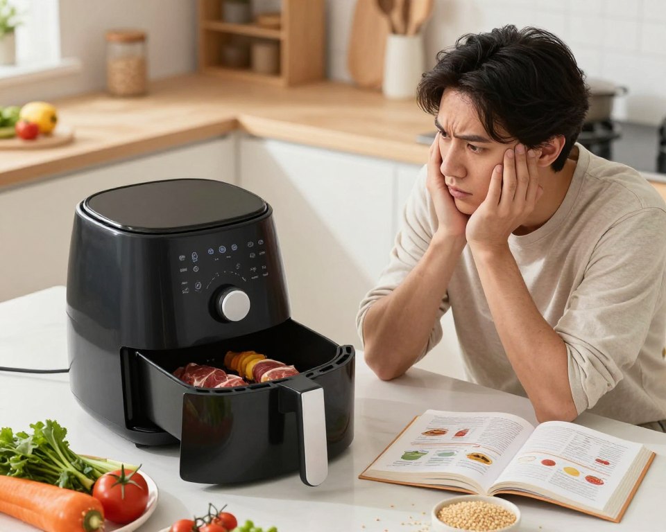 A well-lit kitchen setting featuring a countertop air fryer in the foreground, surrounded by various healthy food items like fresh vegetables, lean meats, and whole grains. A concerned individual in modest casual attire is inspecting the air fryer, with a thoughtful expression on their face, symbolizing health concerns related to daily air frying. In the middle ground, there are open cookbooks and nutrition charts, hinting at the nutritional impact. The background should show a cozy, modern kitchen with soft, natural lighting to convey a warm atmosphere. The overall mood should evoke curiosity and caution about food preparation methods. The angle is slightly above eye level, giving a comprehensive view of the scene while focusing on the air fryer and the individual's concern.