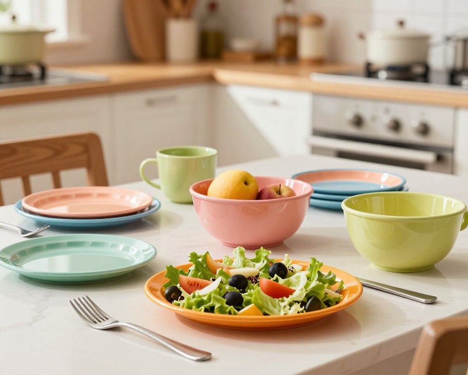 A well-lit kitchen setting featuring a set of colorful melamine dinnerware arranged elegantly on a dining table. In the foreground, focus on a vibrant plate displaying a fresh salad, with a melamine bowl beside it filled with fruits. The middle ground shows a serene dining setting, with various plates, cups, and utensils, all showcasing different patterns of melamine with a glossy finish. The background is a softly blurred kitchen with warm lighting, giving a cozy feel. The mood is inviting and family-friendly, emphasizing safety in everyday use. Capture the scene with a shallow depth of field to highlight the dinnerware, using a slightly elevated angle for a comprehensive view.