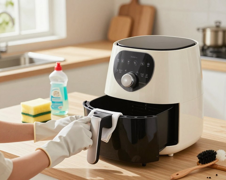 A well-lit kitchen setting showcasing a clean, modern air fryer on a countertop. In the foreground, a pair of hands wearing gloves is carefully cleaning the air fryer with a soft cloth, emphasizing attention to detail and hygiene. In the middle ground, various cleaning supplies such as a non-abrasive sponge, dish soap, and a small brush rest on the counter, indicating a thorough maintenance routine. The background features a stylish kitchen with natural light streaming through a window, creating a warm and inviting atmosphere. The overall mood is one of safety and care, highlighting the importance of regular cleaning for the longevity and safe use of the air fryer.