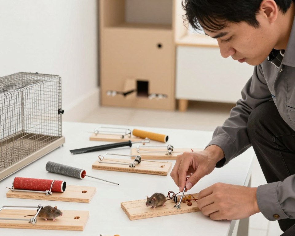 A well-lit, organized indoor scene showcasing safe mouse removal methods. In the foreground, a professional-looking individual wearing practical clothing demonstrates humane traps, setting them confidently with bait. Their focused expression indicates expertise. In the middle ground, several types of traps, including snap traps and live catch models, are displayed neatly alongside exclusion tools like caulk and metal mesh. The background features a tidy, mouse-proofed room, with visible sealing at potential entry points, such as cracks and gaps. Soft, diffused lighting creates a calm and informative atmosphere, while a shallow depth of field emphasizes the tools and the subject’s actions, highlighting the importance of safe rodent removal and exclusion techniques.