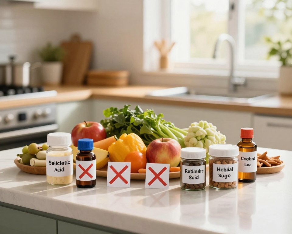 A well-lit, organized kitchen countertop featuring various ingredients to avoid while breastfeeding. The foreground includes bright labels on small jars and bottles, highlighting salicylic acid, retinoids, herbal supplements, and alcohol. In the middle, a list of fresh fruits and vegetables symbolizes healthy alternatives but is juxtaposed with cross marks or warning signs over the unsafe items. The background showcases a blurred, cozy kitchen ambiance with soft sunlight streaming through a window, creating a warm atmosphere. Use a shallow depth of field to emphasize the ingredients in focus while keeping the background softly out of focus, conveying a sense of calm and safety in the home environment.