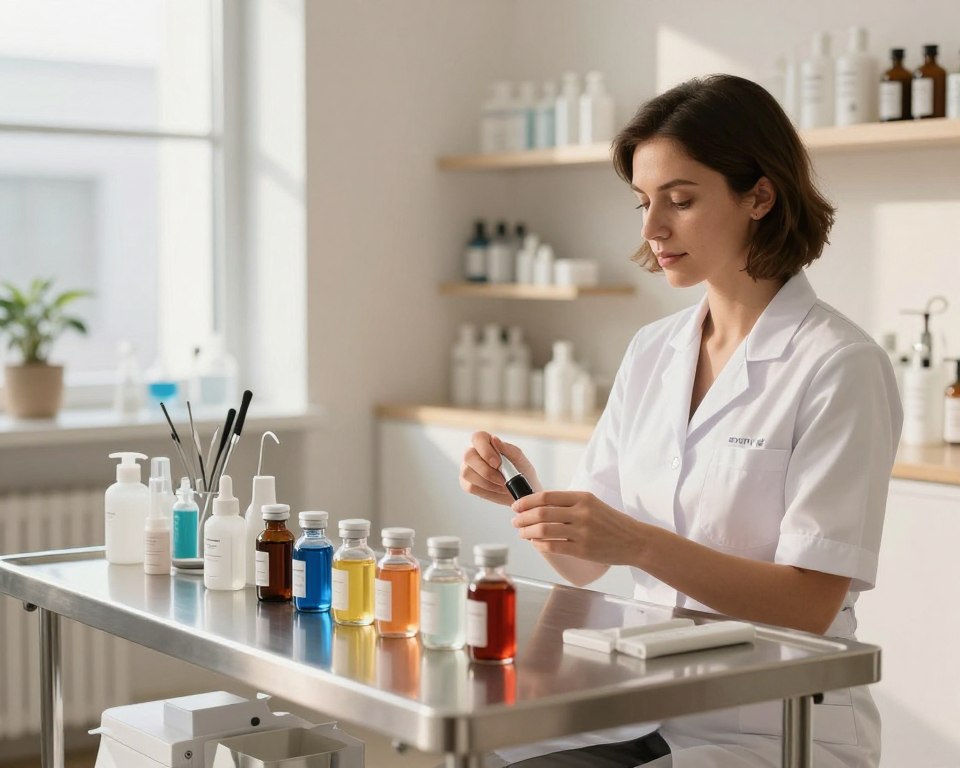 A well-lit, organized skincare studio featuring a sleek, minimalist aesthetic. In the foreground, a stainless steel treatment table holds a selection of colorful chemical peel products in small glass jars, neatly arranged. To the side, a professional female aesthetician in a white lab coat, looking focused, is preparing the products, her expression displaying confidence and expertise. The middle ground showcases essential skincare tools and instruments, while in the background, soft-focus shelves filled with skincare supplies create a sense of depth. Warm, natural lighting filters through large windows, casting soft shadows, evoking a calm and inviting atmosphere. The overall mood should convey professionalism and safety in skincare treatment, focusing solely on the procedure's scientific aspects. A well-lit, organized skincare studio featuring a sleek, minimalist aesthetic. In the foreground, a stainless steel treatment table holds a selection of colorful chemical peel products in small glass jars, neatly arranged. To the side, a professional female aesthetician in a white lab coat, looking focused, is preparing the products, her expression displaying confidence and expertise. The middle ground showcases essential skincare tools and instruments, while in the background, soft-focus shelves filled with skincare supplies create a sense of depth. Warm, natural lighting filters through large windows, casting soft shadows, evoking a calm and inviting atmosphere. The overall mood should convey professionalism and safety in skincare treatment, focusing solely on the procedure's scientific aspects.
