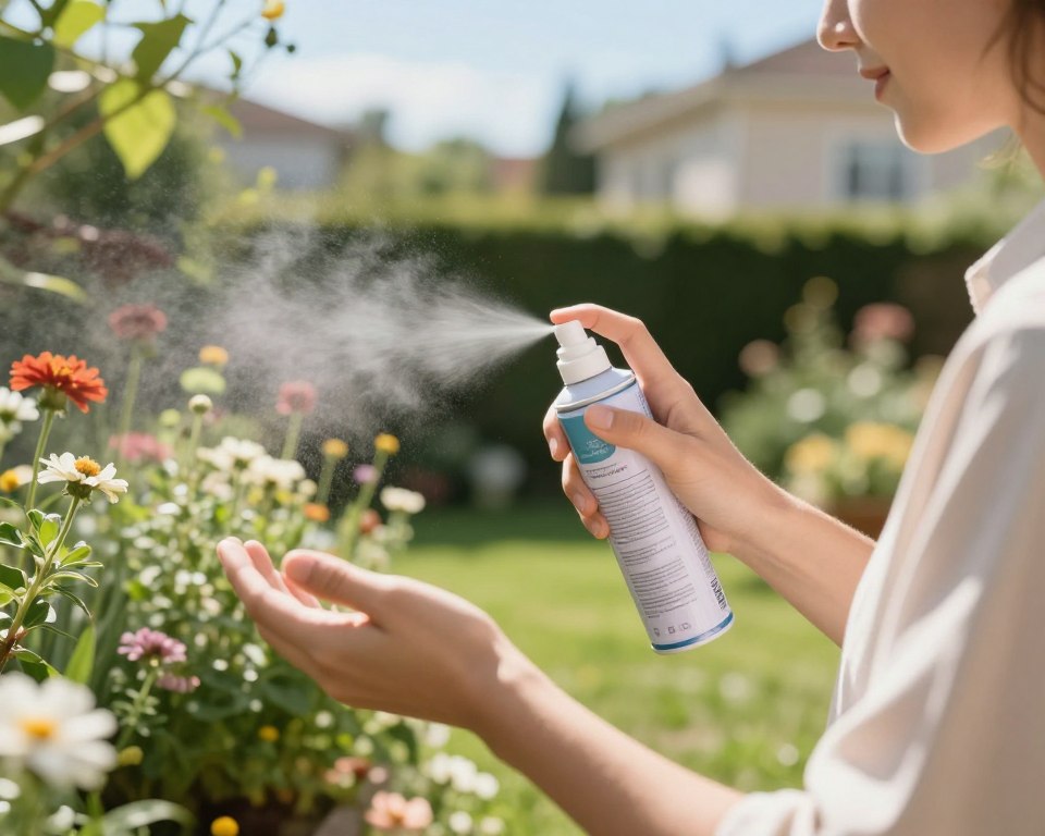A well-lit outdoor scene featuring an individual applying bug spray in a lush garden setting. The person, dressed in professional casual attire, is focused on carefully spraying a plant, illustrating the act of prioritizing insect repellent use. In the foreground, detail the bug spray can in their hand, the fine mist catching the sunlight. The middle ground highlights vibrant flowers and greenery, creating a natural and serene environment, while a blurred background shows a calm suburban area under a bright blue sky. Soft, natural lighting emphasizes the freshness of the scene, evoking a sense of safety and conscientiousness in pest control practices. A warm, inviting atmosphere promotes the importance of daily repellent use.