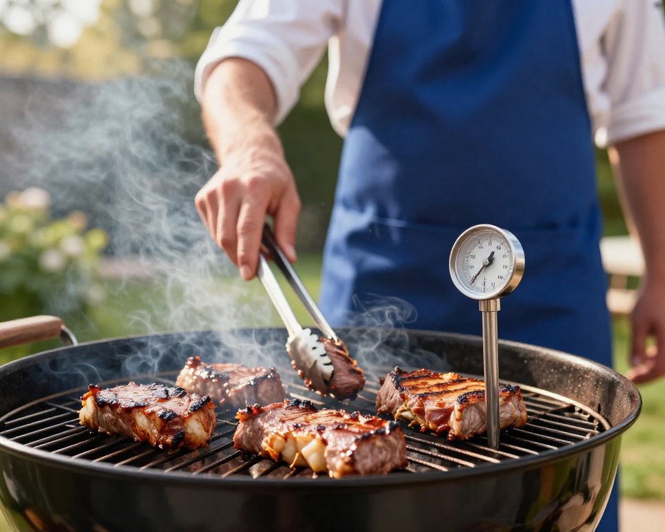A well-lit outdoor setting featuring a charcoal grill in action, with a close-up view of marinated meat sizzling on the grill grates. In the foreground, a stainless steel meat thermometer is prominently displayed, emphasizing safe cooking temperatures. In the middle ground, a chef in a neat, modest blue apron is attentively flipping the meat using tongs, demonstrating proper grilling techniques. The background is softly blurred, showcasing a well-maintained garden with green foliage, adding to the ambiance of summer cooking. The lighting is warm and inviting, mimicking late afternoon sun, casting subtle shadows. The overall mood is focused and educational, conveying the importance of food safety in grilling to minimize smoke exposure.