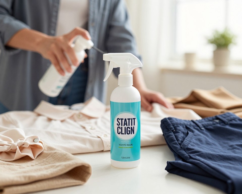 A well-lit scene featuring a bottle of static cling spray prominently positioned in the foreground, its label clearly visible, emphasizing safety for fabric use. Surrounding the bottle are various pieces of clothing, such as a neatly pressed blouse and a pair of slacks, artfully arranged to show their texture and color. In the middle ground, blurred lightly for depth, an individual in smart casual attire delicately sprays the cling spray on the blouse, showcasing a safe and careful application. The background is softly blurred, featuring a cozy indoor setting with light streaming through a window, creating a warm and inviting atmosphere. The overall mood conveys professionalism and safety, illustrating the importance of using static cling spray on clothes before wearing them. A well-lit scene featuring a bottle of static cling spray prominently positioned in the foreground, its label clearly visible, emphasizing safety for fabric use. Surrounding the bottle are various pieces of clothing, such as a neatly pressed blouse and a pair of slacks, artfully arranged to show their texture and color. In the middle ground, blurred lightly for depth, an individual in smart casual attire delicately sprays the cling spray on the blouse, showcasing a safe and careful application. The background is softly blurred, featuring a cozy indoor setting with light streaming through a window, creating a warm and inviting atmosphere. The overall mood conveys professionalism and safety, illustrating the importance of using static cling spray on clothes before wearing them.