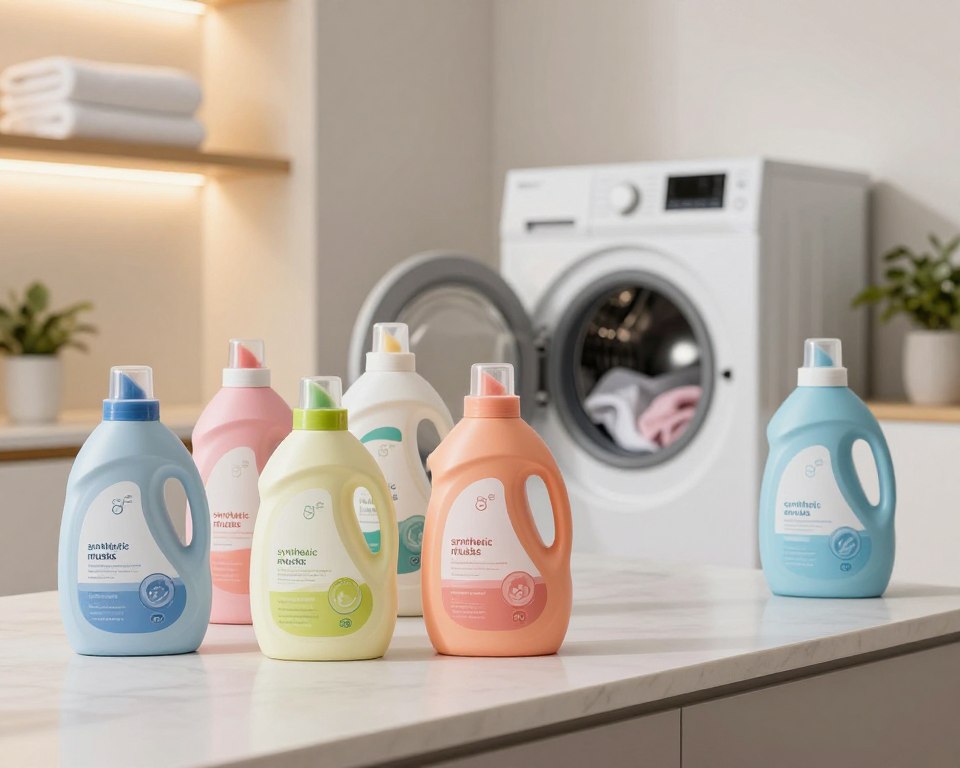 A well-organized display of various laundry detergents prominently featuring synthetic musks, arranged on a sleek, modern laundry room countertop. In the foreground, several colorful detergent bottles with elegant, minimalistic designs are highlighted, their labels partially visible to indicate different scents. In the middle ground, a washing machine stands with its lid open, invitingly showcasing freshly laundered clothes. The background features soft, ambient lighting that creates a warm, inviting atmosphere, with neatly folded towels stacked on shelves, and a potted plant to add a touch of greenery. The angle is slightly tilted, giving a dynamic perspective while maintaining a professional, clean aesthetic, emphasizing the topic of laundry detergent formulations and the discussion of synthetic musks.