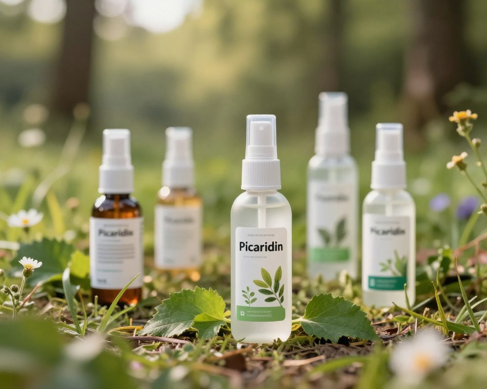 A well-organized display of various tick repellent products, prominently featuring a clear, attractive bottle of Picaridin spray in the foreground. The bottle should be sleek and labeled with natural imagery, emphasizing its modern and safe attributes. Surrounding the bottle, include a few complementary natural elements like green leaves and small wildflowers to suggest an eco-friendly composition. In the middle ground, place a soft-focus background of a tranquil outdoor scene, possibly a wooded area or grassy field, bathed in warm, natural sunlight to create a peaceful atmosphere. The image should capture a sense of safety and effectiveness, with a slightly elevated angle to enhance the focus on the spray bottle while maintaining a gentle, inviting mood. A well-organized display of various tick repellent products, prominently featuring a clear, attractive bottle of Picaridin spray in the foreground. The bottle should be sleek and labeled with natural imagery, emphasizing its modern and safe attributes. Surrounding the bottle, include a few complementary natural elements like green leaves and small wildflowers to suggest an eco-friendly composition. In the middle ground, place a soft-focus background of a tranquil outdoor scene, possibly a wooded area or grassy field, bathed in warm, natural sunlight to create a peaceful atmosphere. The image should capture a sense of safety and effectiveness, with a slightly elevated angle to enhance the focus on the spray bottle while maintaining a gentle, inviting mood.