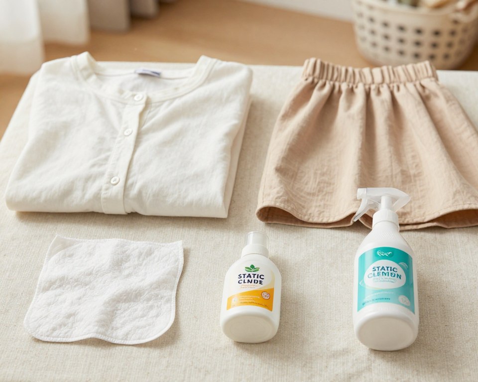 A well-organized flat lay image showcasing various static cling solutions for clothing. In the foreground, feature simple household items such as a dryer sheet, a small bottle of fabric softener, and an eco-friendly static cling spray, all neatly arranged on a soft, textured fabric surface. The middle layer should include a lightly crumpled shirt and skirt, demonstrating how every garment can experience static cling. In the background, create a softly lit scene that evokes a cozy home environment, perhaps with a subtle hint of a laundry basket. Use natural soft lighting with a warm undertone to enhance the inviting atmosphere, and capture the image from a top-down angle to give a clear layout of the items. The overall mood is practical and informative, highlighting simple solutions for everyday static cling issues. A well-organized flat lay image showcasing various static cling solutions for clothing. In the foreground, feature simple household items such as a dryer sheet, a small bottle of fabric softener, and an eco-friendly static cling spray, all neatly arranged on a soft, textured fabric surface. The middle layer should include a lightly crumpled shirt and skirt, demonstrating how every garment can experience static cling. In the background, create a softly lit scene that evokes a cozy home environment, perhaps with a subtle hint of a laundry basket. Use natural soft lighting with a warm undertone to enhance the inviting atmosphere, and capture the image from a top-down angle to give a clear layout of the items. The overall mood is practical and informative, highlighting simple solutions for everyday static cling issues.