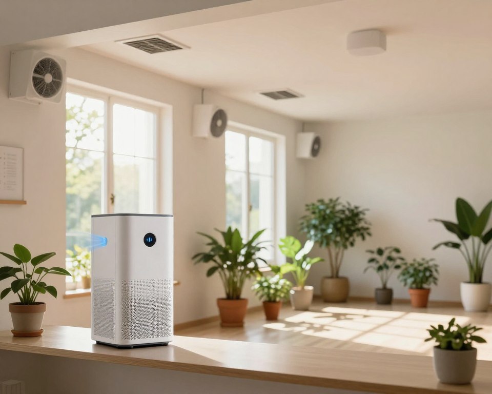 A well-organized indoor environment showcasing various ventilation strategies to reduce mold risk. In the foreground, include a sleek, modern air purifier with visible airflow indicators, placed on a stylish shelf. The middle ground features strategically opened windows, with sunlight streaming in, creating a warm, inviting atmosphere. Visible are also ceiling vents and exhaust fans mounted on the walls. The background displays a clean, spacious room with potted plants that thrive in balanced humidity. Soft, diffused lighting enhances the airy feel of the space, captured from a slightly elevated angle to give depth to the layout. The overall mood is serene and fresh, emphasizing the importance of ventilation in maintaining a healthy indoor climate without any humans present. A well-organized indoor environment showcasing various ventilation strategies to reduce mold risk. In the foreground, include a sleek, modern air purifier with visible airflow indicators, placed on a stylish shelf. The middle ground features strategically opened windows, with sunlight streaming in, creating a warm, inviting atmosphere. Visible are also ceiling vents and exhaust fans mounted on the walls. The background displays a clean, spacious room with potted plants that thrive in balanced humidity. Soft, diffused lighting enhances the airy feel of the space, captured from a slightly elevated angle to give depth to the layout. The overall mood is serene and fresh, emphasizing the importance of ventilation in maintaining a healthy indoor climate without any humans present.