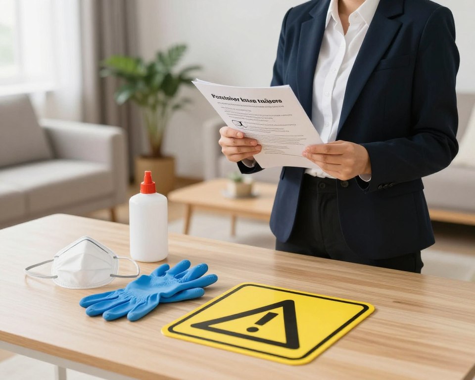 A well-organized indoor space depicting safety tips for using bug bombs. In the foreground, a table displays safety equipment such as masks, gloves, and warning signs, arranged neatly. In the middle, a person dressed in professional business attire is reading a safety guideline document, emphasizing post-application re-entry procedures. The background features a bright, well-lit living room setting, with plants and furniture arranged in a welcoming manner. Soft natural lighting illuminates the room, creating a calm and informative atmosphere. The angle is slightly from above, showcasing the entire setup clearly while maintaining a focus on the safety message without distractions or clutter. The image conveys a sense of caution and preparedness in a home environment.