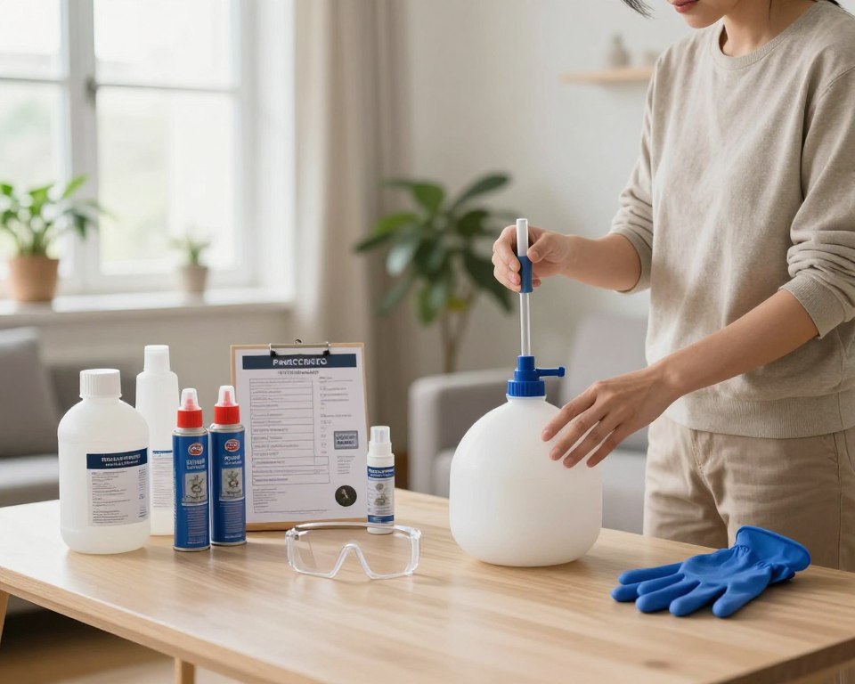 A well-organized indoor space set up for using bug bombs safely, featuring a clean and brightly-lit room with a neutral color palette. In the foreground, display a professional adult wearing modest casual clothing, meticulously preparing pest control products, including gloves and safety goggles. In the middle ground, showcase an array of indoor pest control items, neatly arranged, such as bug bombs, insect repellent cans, and a precautionary safety checklist. In the background, include a window with natural light streaming in, along with potted plants to highlight the homey atmosphere. The overall mood should be calm and methodical, emphasizing safety and preparation in pest control. Utilize soft lighting for a warm, inviting feel, and apply a slight depth-of-field effect to draw attention to the preparation process.