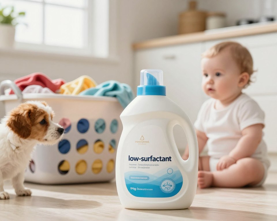A well-organized, informative kitchen scene highlighting laundry detergent safety. In the foreground, a sleek, modern laundry bottle labeled "low-surfactant" prominently displayed, designed for households with pets and infants, showcasing its child-proof cap. Beside it, a playful dog and a curious infant are safely distanced, observing the detergent without direct interaction. In the middle ground, a clean laundry basket filled with colorful, freshly washed clothes, conveying a sense of cleanliness and safety. The background features soft, natural light filtering through a window, creating a warm and inviting atmosphere. Use a soft focus lens to emphasize the detergent while ensuring the scene remains bright and engaging, suggesting a sense of security in a family-oriented environment. A well-organized, informative kitchen scene highlighting laundry detergent safety. In the foreground, a sleek, modern laundry bottle labeled "low-surfactant" prominently displayed, designed for households with pets and infants, showcasing its child-proof cap. Beside it, a playful dog and a curious infant are safely distanced, observing the detergent without direct interaction. In the middle ground, a clean laundry basket filled with colorful, freshly washed clothes, conveying a sense of cleanliness and safety. The background features soft, natural light filtering through a window, creating a warm and inviting atmosphere. Use a soft focus lens to emphasize the detergent while ensuring the scene remains bright and engaging, suggesting a sense of security in a family-oriented environment.