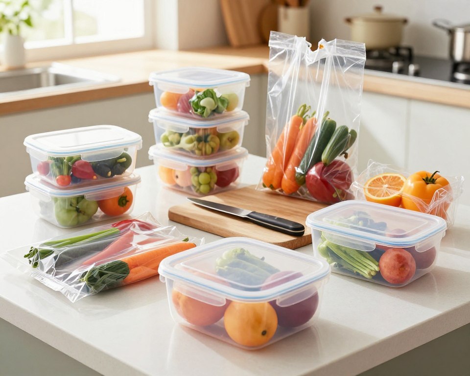 A well-organized kitchen countertop featuring various types of plastic food packaging, including containers, wrap, and bags, artfully arranged to showcase their transparency and versatility. In the foreground, a close-up of a clear plastic container holding fresh fruits and vegetables, emphasizing cleanliness and safety. In the middle ground, a knife and chopping board surrounded by opened plastic wraps, displaying a vibrant color palette of fruit and vegetables. The background features a soft-focus kitchen setting with natural sunlight pouring in through a window, creating a warm and inviting atmosphere. The image is designed to evoke a sense of safety and reliability in everyday food storage with a clean, uncluttered composition. Use a soft lighting setup to enhance the freshness of the produce, shot from a slightly elevated angle for a comprehensive view. A well-organized kitchen countertop featuring various types of plastic food packaging, including containers, wrap, and bags, artfully arranged to showcase their transparency and versatility. In the foreground, a close-up of a clear plastic container holding fresh fruits and vegetables, emphasizing cleanliness and safety. In the middle ground, a knife and chopping board surrounded by opened plastic wraps, displaying a vibrant color palette of fruit and vegetables. The background features a soft-focus kitchen setting with natural sunlight pouring in through a window, creating a warm and inviting atmosphere. The image is designed to evoke a sense of safety and reliability in everyday food storage with a clean, uncluttered composition. Use a soft lighting setup to enhance the freshness of the produce, shot from a slightly elevated angle for a comprehensive view.