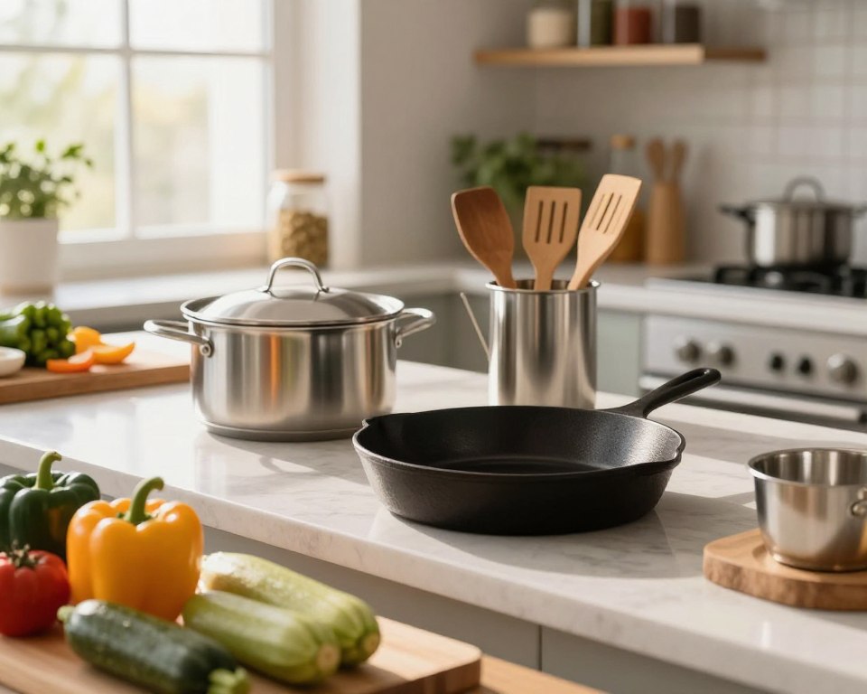 A well-organized kitchen countertop filled with safe cooking materials, prominently displaying a cast iron skillet alongside high-quality stainless steel cookware and wooden utensils. In the foreground, a fresh assortment of colorful vegetables, like bell peppers and zucchini, is neatly arranged. The middle features softly glowing sunlight streaming through a window, illuminating the cooking tools and creating a warm and inviting atmosphere. In the background, shelves stocked with natural spices and herbs suggest a focus on healthy cooking. The kitchen is modern and tidy, with a neutral color palette that conveys purity and safety. The image is shot at a 45-degree angle with soft focus depth to highlight the textures of the materials while maintaining an inviting and professional ambiance. A well-organized kitchen countertop filled with safe cooking materials, prominently displaying a cast iron skillet alongside high-quality stainless steel cookware and wooden utensils. In the foreground, a fresh assortment of colorful vegetables, like bell peppers and zucchini, is neatly arranged. The middle features softly glowing sunlight streaming through a window, illuminating the cooking tools and creating a warm and inviting atmosphere. In the background, shelves stocked with natural spices and herbs suggest a focus on healthy cooking. The kitchen is modern and tidy, with a neutral color palette that conveys purity and safety. The image is shot at a 45-degree angle with soft focus depth to highlight the textures of the materials while maintaining an inviting and professional ambiance.