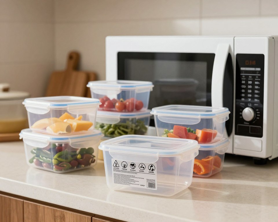 A well-organized kitchen countertop filled with various microwave-safe plastic containers, demonstrating adherence to regulatory standards in the United States. In the foreground, showcase a clear plastic container prominently labeled with safety symbols and compliance markings, such as "microwave safe" and recycling codes. In the middle, arrange a selection of diverse containers with different shapes and sizes, displayed next to a microwave oven, hinting at everyday use. The background features a softly lit kitchen environment with warm colors, creating a welcoming atmosphere. Use natural lighting, focusing on the containers with a slight depth of field, ensuring a professional and informative look. The overall mood should be one of safety and reliability, emphasizing the importance of choosing the right materials for microwave cooking. A well-organized kitchen countertop filled with various microwave-safe plastic containers, demonstrating adherence to regulatory standards in the United States. In the foreground, showcase a clear plastic container prominently labeled with safety symbols and compliance markings, such as "microwave safe" and recycling codes. In the middle, arrange a selection of diverse containers with different shapes and sizes, displayed next to a microwave oven, hinting at everyday use. The background features a softly lit kitchen environment with warm colors, creating a welcoming atmosphere. Use natural lighting, focusing on the containers with a slight depth of field, ensuring a professional and informative look. The overall mood should be one of safety and reliability, emphasizing the importance of choosing the right materials for microwave cooking.