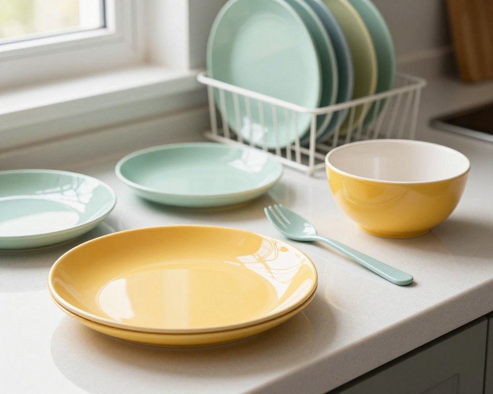 A well-organized kitchen countertop showcasing a variety of colorful melamine dinnerware, arranged neatly to emphasize safety during use. In the foreground, a close-up view of a vibrant, patterned melamine plate alongside a matching bowl, highlighting their sturdy texture and design. In the middle ground, various utensils are placed nearby, made from lightweight materials, indicating proper handling techniques. The background features a neatly organized dish rack with additional melamine items, exuding a clean and inviting atmosphere. Soft natural lighting filters in through a nearby window, creating gentle shadows and enhancing the colors of the dinnerware. The overall mood is bright, safe, and engaging, suited for an informative article on safe handling practices for melamine dishes.