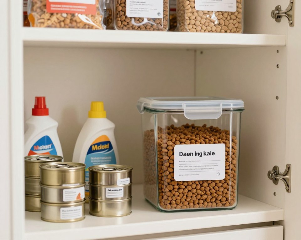 A well-organized kitchen pantry showcasing pet food storage safety. In the foreground, a clean, sealed glass container filled with dry dog kibble, labeled clearly. To the side, a stack of properly sealed metal tins of cat food. In the middle, a cozy kitchen scene featuring an open shelf with pet food items stored away from household chemicals. The background features soft-lit shelves lined with pet-safe food items, showcasing their clear packaging. Warm, natural lighting highlights the scene, creating an inviting atmosphere. The lens captures details with a slight depth of field, emphasizing the containers while softly blurring the kitchen background. The overall mood is clean, safe, and organized, emphasizing the importance of proper pet food storage. A well-organized kitchen pantry showcasing pet food storage safety. In the foreground, a clean, sealed glass container filled with dry dog kibble, labeled clearly. To the side, a stack of properly sealed metal tins of cat food. In the middle, a cozy kitchen scene featuring an open shelf with pet food items stored away from household chemicals. The background features soft-lit shelves lined with pet-safe food items, showcasing their clear packaging. Warm, natural lighting highlights the scene, creating an inviting atmosphere. The lens captures details with a slight depth of field, emphasizing the containers while softly blurring the kitchen background. The overall mood is clean, safe, and organized, emphasizing the importance of proper pet food storage.