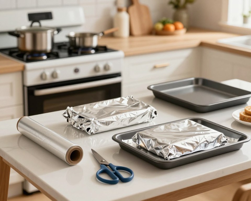 A well-organized kitchen scene illustrating best practices for using aluminum foil in cooking. In the foreground, a neatly arranged table with various cooking tools: a roll of aluminum foil, scissors, a baking dish lined with foil, and a perfectly wrapped food item, showing how to use foil effectively. The middle ground features a stove with a simmering pot, and a sheet tray in an oven, subtly showcasing different cooking techniques using aluminum foil. In the background, warm, natural light floods the kitchen, creating a cozy atmosphere. The camera angle is slightly elevated above the table, capturing the entire layout while maintaining a professional and inviting ambiance. No people are present, emphasizing the tools and practices.