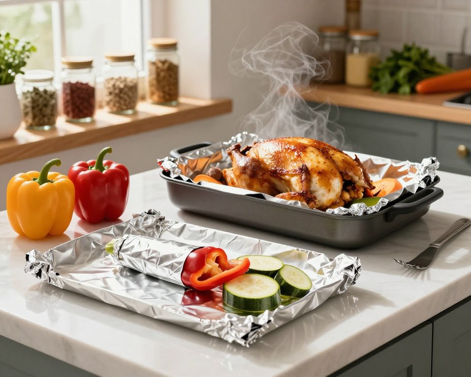 A well-organized kitchen scene showcasing the benefits of aluminum foil in cooking. In the foreground, gleaming sheets of aluminum foil are elegantly arranged, with one piece being used to wrap vegetables like bell peppers and zucchini. The middle ground features a roasting pan lined with foil, holding a succulent chicken and root vegetables, with steam rising gently. In the background, shelves are stocked with jars of spices and fresh herbs, creating a vibrant, inviting atmosphere. Soft, natural light streams in from a nearby window, casting a warm glow on the scene. The mood is cozy and professional, perfect for culinary enthusiasts exploring kitchen efficiency.