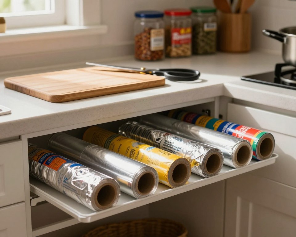 A well-organized kitchen storage space showcasing aluminum foil in various forms. In the foreground, a neatly arranged shelf features rolls of aluminum foil, some in colorful packaging, others in minimalist designs. In the middle ground, a kitchen counter holds a cutting board and a pair of scissors, emphasizing the practical use of the foil. In the background, a softly lit pantry reveals spices and containers, creating a warm and inviting atmosphere. The lighting is natural, coming from a window to create gentle highlights and shadows. The angle is slightly tilted, offering a dynamic view that showcases both the foil's versatility and safe storage practices, with a focus on cleanliness and orderliness. The mood is calm and practical, ideal for cooking enthusiasts.