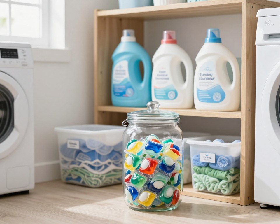 A well-organized laundry room featuring a clear, securely sealed jar filled with colorful laundry pods, prominently positioned in the foreground. Surrounding the jar are neatly arranged, labeled containers of various detergents, showcasing good practices for storage. The middle ground includes a tidy shelf stocked with additional laundry supplies such as fabric softeners and dryer sheets, all organized to emphasize safety. The background reveals a softly lit, clean laundry space with white walls and light wooden cabinetry. Natural light streams in from a nearby window, creating a bright and inviting atmosphere. The angle is slightly elevated, providing a comprehensive view of the organized space while maintaining focus on the storage solutions for laundry products. The mood is calm, safe, and orderly, ideal for illustrating proper storage techniques. A well-organized laundry room featuring a clear, securely sealed jar filled with colorful laundry pods, prominently positioned in the foreground. Surrounding the jar are neatly arranged, labeled containers of various detergents, showcasing good practices for storage. The middle ground includes a tidy shelf stocked with additional laundry supplies such as fabric softeners and dryer sheets, all organized to emphasize safety. The background reveals a softly lit, clean laundry space with white walls and light wooden cabinetry. Natural light streams in from a nearby window, creating a bright and inviting atmosphere. The angle is slightly elevated, providing a comprehensive view of the organized space while maintaining focus on the storage solutions for laundry products. The mood is calm, safe, and orderly, ideal for illustrating proper storage techniques.