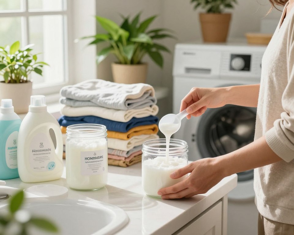 A well-organized laundry room featuring a countertop filled with different containers of homemade laundry detergent in clear, labeled jars. In the foreground, a person wearing modest casual clothing is carefully measuring laundry soap with a scoop, demonstrating the proper amount to use. The middle ground includes a stack of fresh, folded laundry and a washing machine with its lid open, showcasing the next step in the process. The background displays vibrant houseplants and bright, natural light streaming in through a window, creating a clean and inviting atmosphere. The overall mood is instructional and serene, highlighting a safe and effective approach to using homemade laundry detergent. Use a soft focus with warm lighting to enhance the homely feel. A well-organized laundry room featuring a countertop filled with different containers of homemade laundry detergent in clear, labeled jars. In the foreground, a person wearing modest casual clothing is carefully measuring laundry soap with a scoop, demonstrating the proper amount to use. The middle ground includes a stack of fresh, folded laundry and a washing machine with its lid open, showcasing the next step in the process. The background displays vibrant houseplants and bright, natural light streaming in through a window, creating a clean and inviting atmosphere. The overall mood is instructional and serene, highlighting a safe and effective approach to using homemade laundry detergent. Use a soft focus with warm lighting to enhance the homely feel.