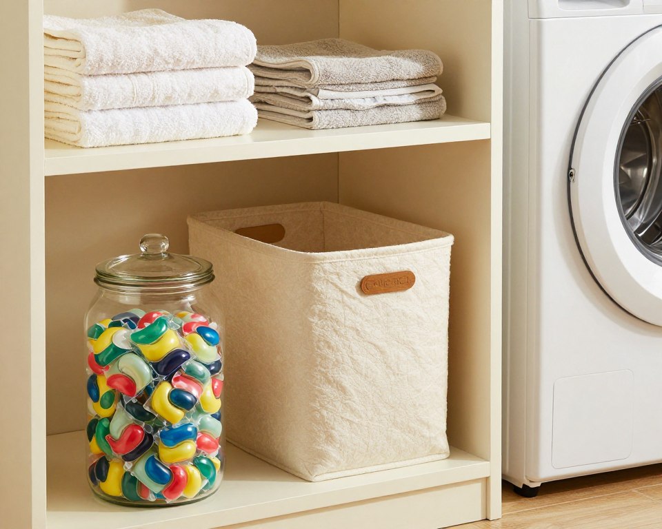 A well-organized laundry room featuring creative and safe storage solutions for laundry pods. In the foreground, a clear glass jar filled with colorful, neatly stacked laundry pods, showcasing a variety of vibrant colors. The middle ground includes a stylish shelf with additional storage options like baskets and bins, all labeled for organization. Soft, warm lighting illuminates the scene, creating a welcoming atmosphere. In the background, a neatly folded stack of towels and a modern washing machine add context. The camera angle is slightly above eye level, capturing the arrangement and tidiness of the space. The overall mood is clean and inviting, emphasizing safety and organization in home laundry storage. A well-organized laundry room featuring creative and safe storage solutions for laundry pods. In the foreground, a clear glass jar filled with colorful, neatly stacked laundry pods, showcasing a variety of vibrant colors. The middle ground includes a stylish shelf with additional storage options like baskets and bins, all labeled for organization. Soft, warm lighting illuminates the scene, creating a welcoming atmosphere. In the background, a neatly folded stack of towels and a modern washing machine add context. The camera angle is slightly above eye level, capturing the arrangement and tidiness of the space. The overall mood is clean and inviting, emphasizing safety and organization in home laundry storage.