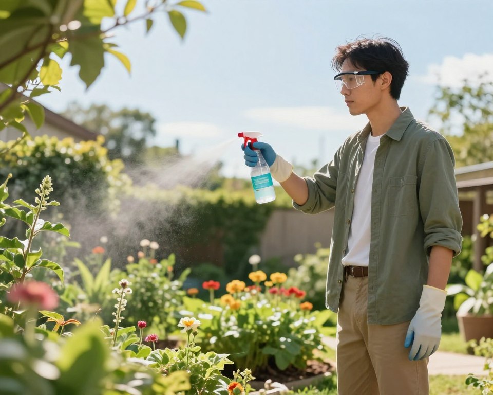 A well-organized outdoor scene depicting a safe mosquito control application. In the foreground, a professional-looking individual dressed in modest casual clothing carefully sprays an environmentally friendly mosquito repellent, wearing safety glasses and gloves. The middle ground shows a vibrant garden with lush green plants and flowers, indicating the importance of protecting the environment. In the background, a clear blue sky with soft sunlight filtering through the leaves, creating a warm and inviting atmosphere. The overall mood is proactive and responsible, emphasizing safety and care in pest control practices. The image captures a sense of community awareness, blending professionalism with nature care. A well-organized outdoor scene depicting a safe mosquito control application. In the foreground, a professional-looking individual dressed in modest casual clothing carefully sprays an environmentally friendly mosquito repellent, wearing safety glasses and gloves. The middle ground shows a vibrant garden with lush green plants and flowers, indicating the importance of protecting the environment. In the background, a clear blue sky with soft sunlight filtering through the leaves, creating a warm and inviting atmosphere. The overall mood is proactive and responsible, emphasizing safety and care in pest control practices. The image captures a sense of community awareness, blending professionalism with nature care.