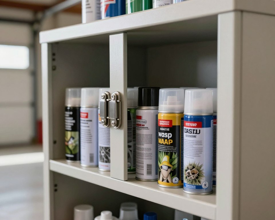 A well-organized storage area featuring a sturdy, clearly labeled cabinet filled with various insecticide aerosol cans, prominently including a can of wasp spray. In the foreground, a pair of securely closed, child-proof safety locks on the cabinet illustrate safe storage practices. The middle background shows a clean, well-lit garage or shed environment, emphasizing organization and safety awareness. Soft, diffused lighting highlights the labels on the cans, ensuring they are visible but not overly bright, creating a reassuring atmosphere. Angled perspective to give depth, showcasing the cabinet as the focal point. The overall mood conveys responsibility in handling potentially hazardous materials. Natural colors dominate the scene, reinforcing a safe and practical approach to storage.