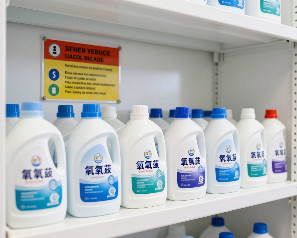 A well-organized storage area for non-toxic bleach, showcasing proper safety measures. In the foreground, neatly labeled bottles of oxygen bleach are arranged on a clean, sturdy shelf, emphasizing clarity and organization. The middle ground features a safety instruction sign, visible but unobtrusive, outlining storage guidelines; vibrant colors enhance visibility. In the background, a bright, well-lit room with soft white lighting creates a clean and inviting atmosphere. The camera angle is slightly elevated, providing a comprehensive view of the storage area, highlighting the importance of proper long-term stability. The overall mood is professional and dependable, conveying a sense of safety and responsibility in handling bleach products.