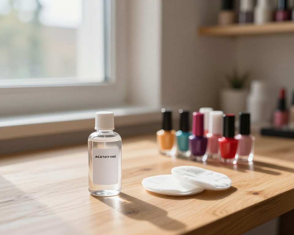 A well-organized workspace featuring a bottle of acetone nail polish remover on a wooden table. In the foreground, a clear, labeled bottle of acetone sits next to a couple of cotton pads and a colorful assortment of nail polishes, showcasing vibrant colors. In the middle ground, a window reveals natural light streaming in, illuminating the scene, while shadows create a balanced contrast. The background features softly blurred shelves with nail care products, enhancing the depth of the image. The atmosphere is clean and professional, suggesting mindfulness about safety and ventilation. The lighting is soft and warm, reflecting a cozy yet cautionary environment for users to consider acetone's effects without proper airflow. A well-organized workspace featuring a bottle of acetone nail polish remover on a wooden table. In the foreground, a clear, labeled bottle of acetone sits next to a couple of cotton pads and a colorful assortment of nail polishes, showcasing vibrant colors. In the middle ground, a window reveals natural light streaming in, illuminating the scene, while shadows create a balanced contrast. The background features softly blurred shelves with nail care products, enhancing the depth of the image. The atmosphere is clean and professional, suggesting mindfulness about safety and ventilation. The lighting is soft and warm, reflecting a cozy yet cautionary environment for users to consider acetone's effects without proper airflow.