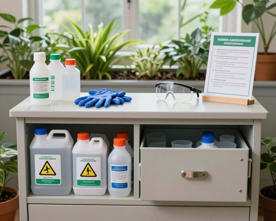 A well-organized workspace highlighting the safe storage and disposal of chemical fungicides. In the foreground, a neatly labeled cabinet with various fungicide containers, clearly marked with hazard symbols, and a secure, locked compartment for disposing of empty containers. The middle ground features a table with safety equipment, such as gloves and goggles, alongside an instructional poster on proper disposal techniques. In the background, an indoor garden setup with vibrant green plants and natural light streaming in through a window, creating a calm and professional atmosphere. Soft, balanced lighting enhances the focus on the safety measures, while a slight depth of field draws attention to the storage unit.