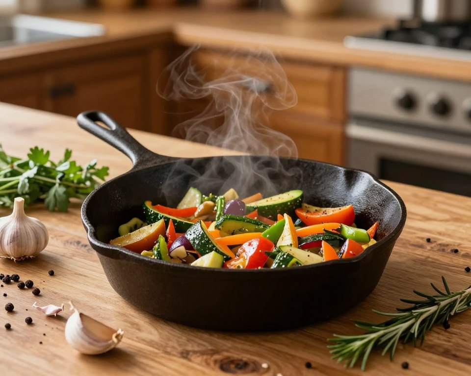 A well-seasoned cast iron skillet rests on a rustic wooden kitchen countertop, showcasing its rich, dark surface glistening under soft, warm lighting. The skillet is filled with colorful sautéed vegetables, steam gently rising, indicating a fresh cooking process. Surrounding the skillet are natural ingredients like fresh herbs, garlic, and spices, arranged artfully to enhance the culinary atmosphere. In the background, a blurred scene of a cozy kitchen with wooden cabinets and warm tones sets a welcoming mood. The image is shot from a slightly elevated angle, emphasizing the texture of the skillet and the vibrant colors of the food. The overall ambiance is inviting and homely, capturing the essence of the benefits of cooking with cast iron. A well-seasoned cast iron skillet rests on a rustic wooden kitchen countertop, showcasing its rich, dark surface glistening under soft, warm lighting. The skillet is filled with colorful sautéed vegetables, steam gently rising, indicating a fresh cooking process. Surrounding the skillet are natural ingredients like fresh herbs, garlic, and spices, arranged artfully to enhance the culinary atmosphere. In the background, a blurred scene of a cozy kitchen with wooden cabinets and warm tones sets a welcoming mood. The image is shot from a slightly elevated angle, emphasizing the texture of the skillet and the vibrant colors of the food. The overall ambiance is inviting and homely, capturing the essence of the benefits of cooking with cast iron.