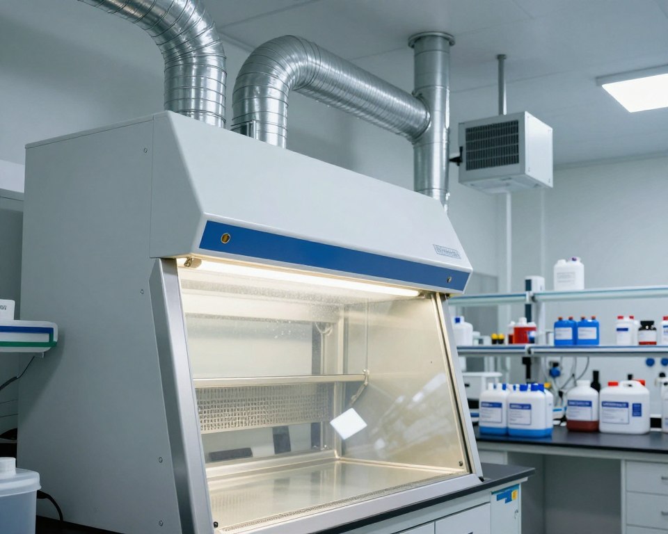 A well-ventilated laboratory space focused on chemical safety, featuring a modern fume hood prominently in the foreground, showcasing its clear glass panel and exhaust system. In the middle ground, multiple ventilation ducts and air filtration devices extend from the ceiling, ensuring optimal airflow. The background reveals shelves stocked with various chemical containers, clearly labeled for safety, under bright, sterile lighting that casts shadows to create depth. The atmosphere conveys a sense of cleanliness and professionalism, evoking a mood of caution and responsibility. The angle is slightly overhead, emphasizing the layout and depth of the space, with no people present, ensuring a focus solely on the equipment and environment that enhances safety during chemical use. A well-ventilated laboratory space focused on chemical safety, featuring a modern fume hood prominently in the foreground, showcasing its clear glass panel and exhaust system. In the middle ground, multiple ventilation ducts and air filtration devices extend from the ceiling, ensuring optimal airflow. The background reveals shelves stocked with various chemical containers, clearly labeled for safety, under bright, sterile lighting that casts shadows to create depth. The atmosphere conveys a sense of cleanliness and professionalism, evoking a mood of caution and responsibility. The angle is slightly overhead, emphasizing the layout and depth of the space, with no people present, ensuring a focus solely on the equipment and environment that enhances safety during chemical use.