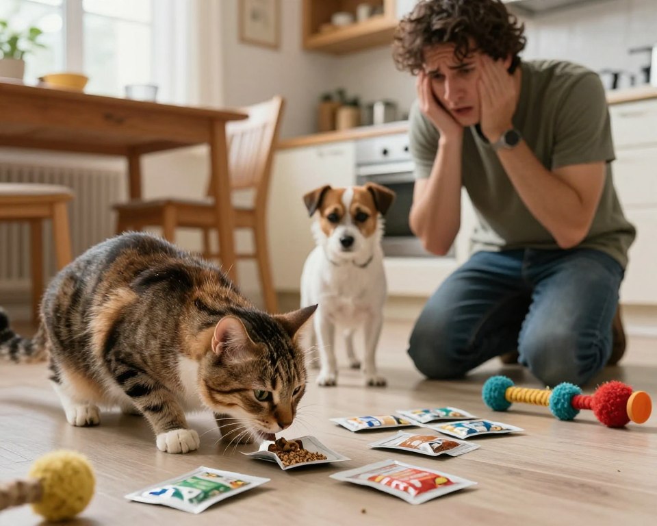A worried pet owner kneeling on a kitchen floor, looking distressed as they discover mouse poison packets scattered around. In the foreground, a curious cat is sniffing near an open mouse poison packet, its fur slightly bristled, conveying a feeling of tension. In the middle ground, a small dog stands slightly away, looking alert and uneasy. The background features a softly lit kitchen with warm, homey tones, showcasing a dining table and scattered pet toys, creating an inviting yet concerning atmosphere. Use natural lighting to highlight the expressions of concern on the pet owner's face and the pets' alertness, captured from a low angle to emphasize the urgency of the situation, all while maintaining a safe and non-threatening environment.