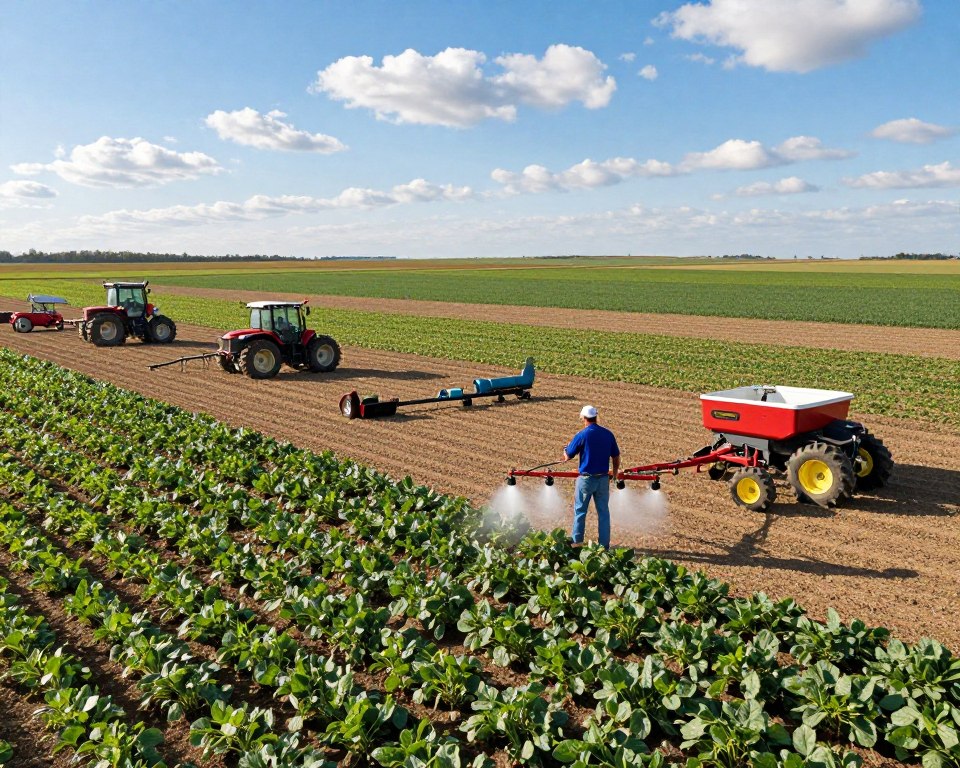 Aerial view of a vibrant American farmland landscape showing a diverse range of crops, with a farmer in professional attire carefully applying herbicide as part of their routine farming practice. The foreground features healthy plants, highlighting the impact of herbicide use on agriculture. In the middle ground, a variety of farm machinery and tools are systematically arranged, symbolizing modern farming technology and practices. The background showcases a vast horizon under a bright blue sky, with fluffy white clouds adding a serene touch. Captivating sunlight casts soft shadows, creating an inviting atmosphere. The image aims to convey a sense of scale and responsibility in herbicide use while illustrating the critical role of agriculture in the United States.