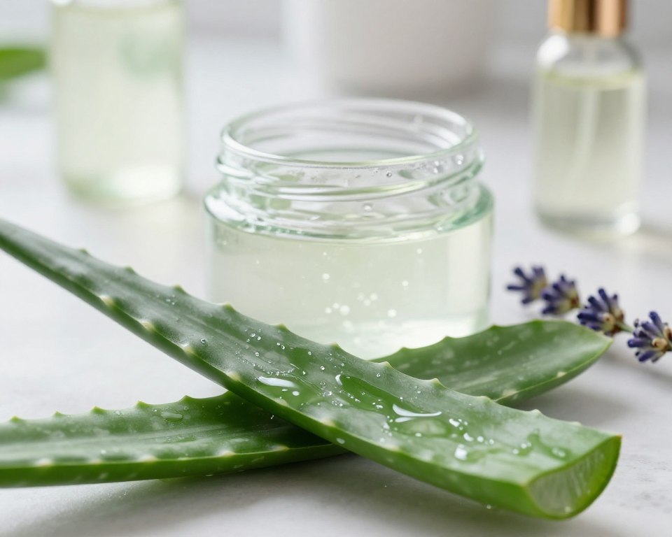 Aloe vera plant featured prominently in the foreground, displaying vibrant green leaves with a textured surface, glistening with a fresh gel-like substance. In the middle ground, an elegant glass jar filled with pure aloe vera gel, accented by a sprig of lavender nearby, symbolizing the essence of skincare. In the background, a softly lit bathroom setting with natural light filtering through, enhancing a serene and calming atmosphere. The composition is captured with a shallow depth of field, focusing on the aloe vera while gently blurring the background. Overall, the mood is tranquil and refreshingly clean, evoking a sense of soothing skincare and natural beauty, emphasizing the role of aloe vera in skin care.