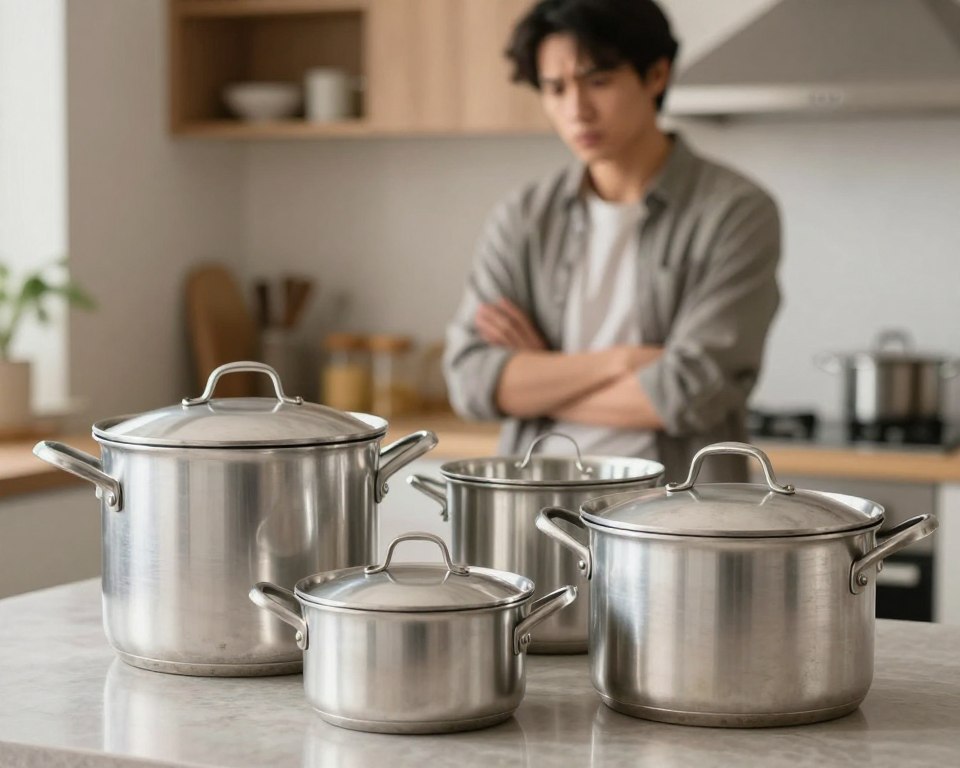 Aluminum cookware set displayed prominently in the foreground, reflecting a slightly worn and aged appearance, suggesting potential risks. In the middle ground, a subtle depiction of a person in modest casual clothing examining the cookware with a concerned expression, crossed arms, conveying a sense of caution and contemplation. The background features a softly lit kitchen environment, with warm, diffused lighting creating a homey but slightly tense atmosphere, emphasizing the importance of health and safety. Angled to capture the cookware's reflective surface, the image should evoke curiosity about the potential long-term health impacts of using aluminum cookware, inviting viewers to consider their choices thoughtfully. Aluminum cookware set displayed prominently in the foreground, reflecting a slightly worn and aged appearance, suggesting potential risks. In the middle ground, a subtle depiction of a person in modest casual clothing examining the cookware with a concerned expression, crossed arms, conveying a sense of caution and contemplation. The background features a softly lit kitchen environment, with warm, diffused lighting creating a homey but slightly tense atmosphere, emphasizing the importance of health and safety. Angled to capture the cookware's reflective surface, the image should evoke curiosity about the potential long-term health impacts of using aluminum cookware, inviting viewers to consider their choices thoughtfully.
