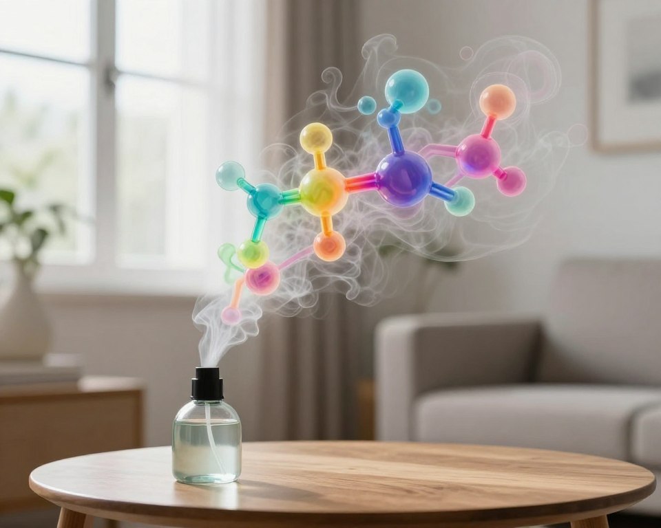 An abstract representation of volatile organic compounds (VOCs) in air fresheners, showcasing colorful, swirling aromatic molecules released into the air. In the foreground, we see a modern room environment, with an elegantly designed air freshener on a wooden table, emitting faint wisps of vibrant scents. The middle ground features an ethereal depiction of VOCs as colorful, translucent shapes diffusing into the air. The background portrays a softly lit indoor setting with a window allowing natural light to filter in, enhancing the transparent quality of the VOCs. The atmosphere is serene yet slightly tense, symbolizing the hidden impact of these compounds on indoor air quality. The overall mood balances beauty with caution, inviting curiosity about the implications of synthetic fragrances on health.