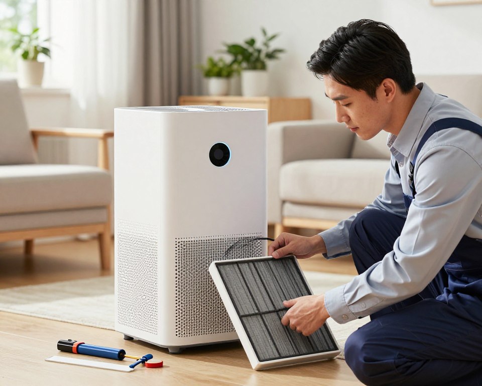 An air purifier being serviced in a modern, well-lit home environment. In the foreground, a technician in professional business attire is carefully inspecting and replacing the activated carbon filter of the air purifier, with tools laid out neatly beside them. The middle layer features the air purifier, sleek and modern in design, prominently displaying the filter compartment. In the background, soft natural light filters through a window, highlighting a clean, organized living room with plants that symbolize fresh air. The atmosphere is calm and focused, conveying a sense of professionalism and attention to detail, with a warm color palette that adds to the inviting home ambiance.