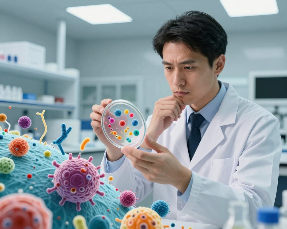 An artful representation of the impact of microplastics on male reproductive health, showcasing a split scene. In the foreground, a microscopic view of microplastics, vividly illustrated with various shapes and colors, depicted as they interact with human cells. The middle ground features a professional male figure in business attire, looking contemplative while examining a petri dish that holds samples visibly contaminated with microplastics. The background shows a laboratory setting with sterile equipment, soft-focus lights illuminating the scene to create a serious yet hopeful atmosphere. The lighting should be bright and clinical, mimicking a modern research space, with a shallow depth of field to emphasize the foreground details. The mood conveys urgency and the need for awareness, without any text or distractions.