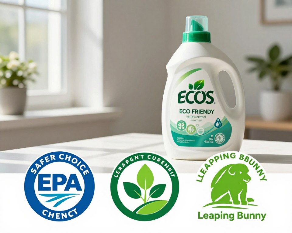 An artistic composition featuring the EPA Safer Choice and Leaping Bunny certifications prominently displayed in the foreground, with the logos designed in a vibrant, eco-friendly palette of green and blue. In the middle ground, there should be a clean, modern workspace including a bottle of ECOS laundry detergent, emphasizing its eco-friendly attributes. The background can depict soft, natural lighting streaming through a window, casting gentle shadows and creating a serene atmosphere that suggests safety and sustainability. Incorporate subtle plants to reinforce the clean and eco-friendly theme. The overall mood should convey trust, transparency, and a commitment to safe products for homes with pets. No text or watermarks should be included. An artistic composition featuring the EPA Safer Choice and Leaping Bunny certifications prominently displayed in the foreground, with the logos designed in a vibrant, eco-friendly palette of green and blue. In the middle ground, there should be a clean, modern workspace including a bottle of ECOS laundry detergent, emphasizing its eco-friendly attributes. The background can depict soft, natural lighting streaming through a window, casting gentle shadows and creating a serene atmosphere that suggests safety and sustainability. Incorporate subtle plants to reinforce the clean and eco-friendly theme. The overall mood should convey trust, transparency, and a commitment to safe products for homes with pets. No text or watermarks should be included.