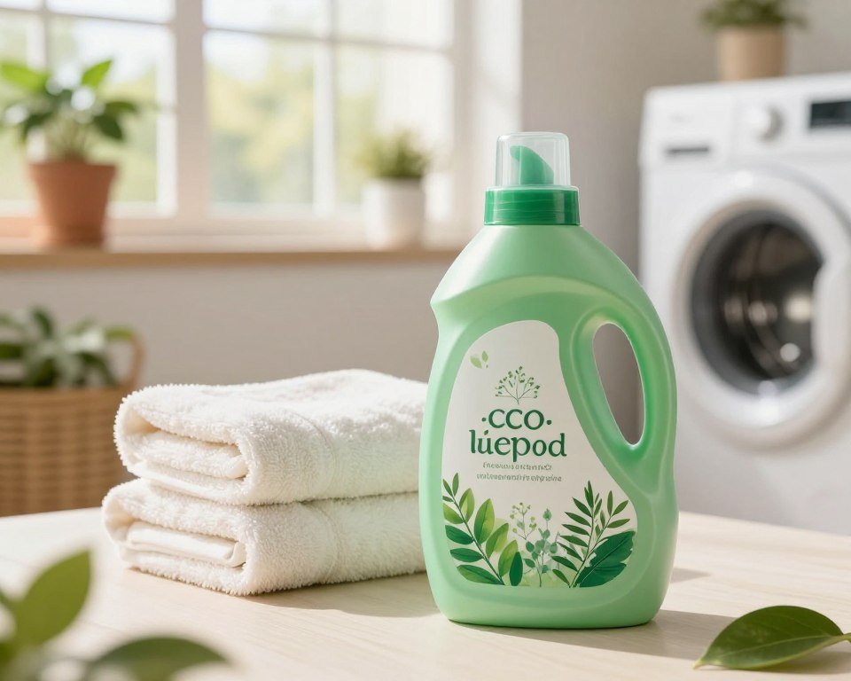An eco-friendly laundry detergent bottle, prominently displayed in the foreground, showcasing a sleek, green design with natural elements like leaves and delicate plant patterns. In the middle ground, a soft, rolling towel pile symbolizes freshness and cleanliness, surrounded by bright, organic cleaning tools conveying a sustainable approach. The background features a sunlit laundry room, with large windows letting in warm, natural light, and potted plants placed on the windowsill. The atmosphere exudes a sense of serenity and eco-consciousness, with a soft focus to highlight the tranquility of an environmentally-friendly lifestyle. The overall mood is uplifting and inviting, emphasizing the emerging trend of green cleaning products devoid of harsh chemicals.