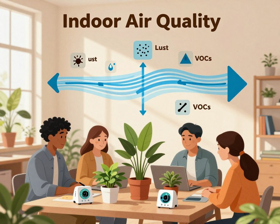 An educational illustration depicting the concepts of indoor air quality in a local office environment. In the foreground, include a diverse group of professionals in smart casual clothing engaging with various indoor plants and air quality monitors, showcasing the importance of clean air. In the middle layer, depict a clear air flow diagram with labeled icons representing pollutants like dust and VOCs alongside arrows illustrating air circulation. The background should show a well-lit office space with natural light streaming through a window, highlighting the contrast between clean and poor air conditions. Utilize warm, inviting colors to create an educational yet engaging atmosphere, ensuring clarity and focus on the central theme of indoor air quality dynamics.