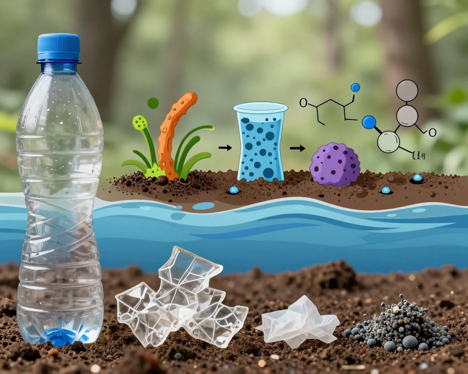 An educational illustration depicting the processes of plastic degradation in a clear and informative manner. In the foreground, show various stages of plastic degradation: a pristine reusable plastic bottle, fragmented pieces, and microplastics. In the middle, include a visually engaging diagram illustrating microbial processes and chemical reactions involved in degradation, complemented by elements like soil and water to contextualize the environment. The background should feature a subtle representation of nature, such as a forest or ocean, conveying the impact of plastic pollution on ecosystems. Use bright, natural lighting to enhance clarity and focus, with a realistic lens perspective to add depth. The mood should be educational and thought-provoking, inviting viewers to reflect on environmental issues. No text or overlays should be present.
