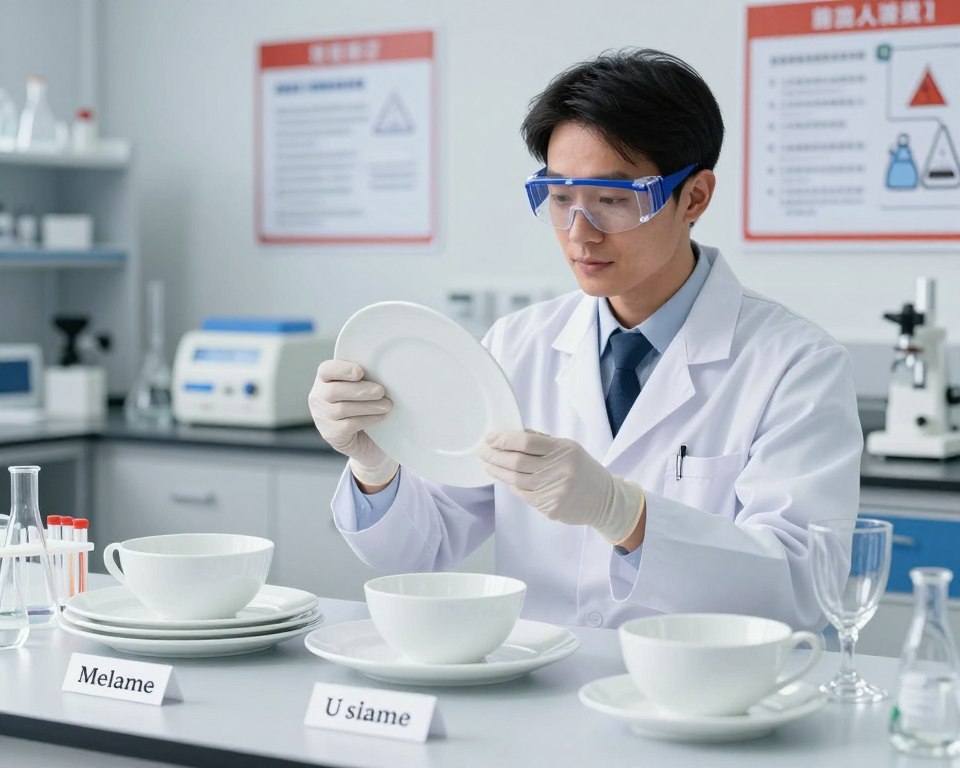 An educational illustration showcasing chemical safety in relation to dinnerware materials. In the foreground, display a variety of dinnerware items made from different materials like melamine, porcelain, and glass, each clearly labeled. The middle ground features a scientist in professional attire, carefully examining a melamine plate using safety goggles and gloves, emphasizing safe handling practices. The background should include a well-organized laboratory setting with safety posters about chemical hazards and proper materials use. The lighting is bright and clinical, enhancing the educational aspect, while a shallow depth of field gently blurs the laboratory equipment behind the subject. The overall atmosphere is professional, informative, and focused on safety and compliance in material usage.
