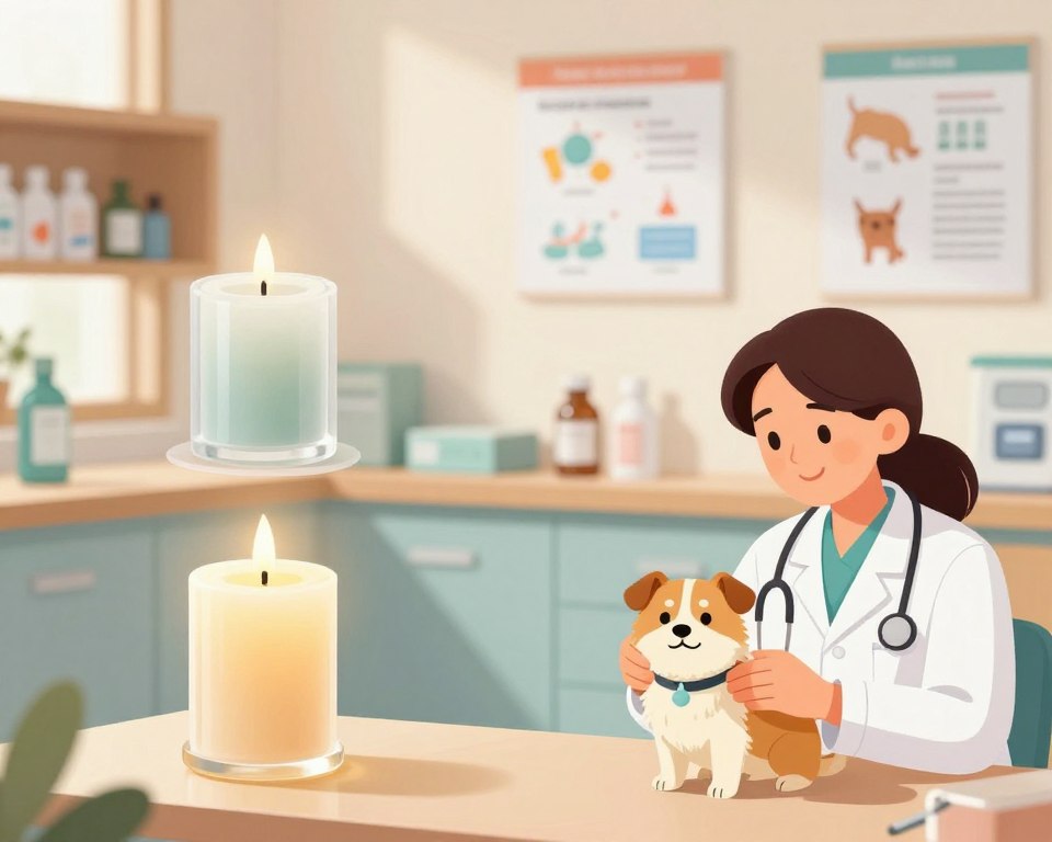An educational illustration showcasing veterinary concepts related to the discussion of wax melts and candles. In the foreground, depict a friendly veterinarian in professional attire, examining a small animal, symbolizing care and safety. The middle layer features a clear comparison of wax melts versus candles, with soft glowing images of both, highlighting their composition and safety features. In the background, a clean and bright veterinary clinic is illustrated with shelves of pet care products and scientific charts on safety standards, enhancing the educational aspect. The lighting should be warm and inviting, mimicking natural daylight, to create a reassuring atmosphere. Use a balanced composition that draws the viewer’s eye through the scene, emphasizing the educational message without clutter or distractions.