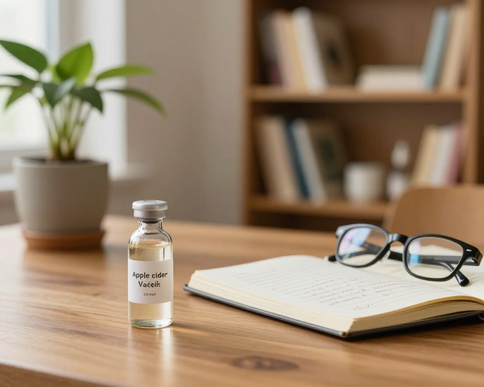 An educational scene depicting a serene and informative studio, featuring a glass vial of apple cider vinegar placed on a polished wooden table in the foreground. Beside it, an open notebook with neatly handwritten notes and a pair of glasses suggests careful study. In the middle ground, soft, diffused lighting highlights a potted plant that symbolizes natural health, while a blurred bookshelf filled with health and beauty books creates a scholarly ambiance in the background. The atmosphere is calm and inviting, emphasizing knowledge and safety in skincare. Use a wide-angle lens to capture the full essence of the space, ensuring a professional and educational mood throughout the image. The colors should be warm and earthy, promoting a holistic approach to skin health.