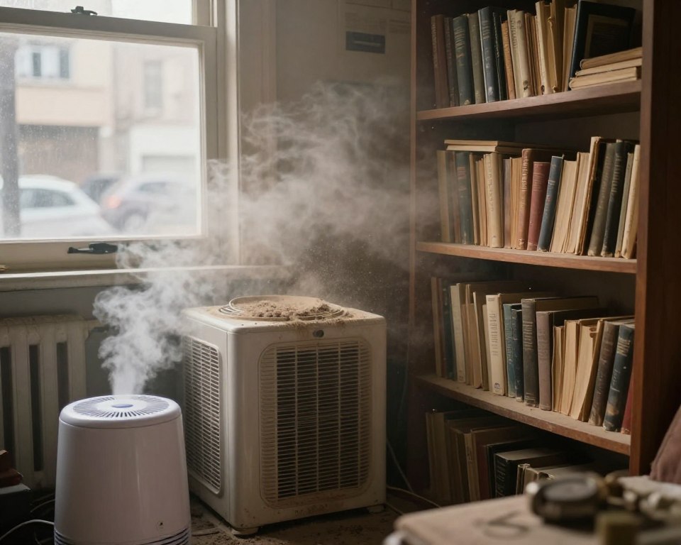 An indoor setting showcasing various sources of air pollution, including a smoky fireplace emitting particles, a dusty bookshelf filled with old books, and a poorly maintained HVAC system with visible dust accumulation. In the foreground, a humidifier with a faint haze can be seen, while an open window in the background reveals a view of a busy street suggesting outdoor pollution mingling with indoor air. The lighting is soft and warm, creating a slightly hazy environment that conveys discomfort. Angles should emphasize the cluttered nature of the space, capturing a sense of heaviness in the air. The mood is somewhat oppressive, highlighting the potential dangers of indoor air quality. No people present.
